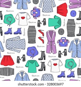 Vector seamless pattern with hand drawn women's clothing. Pattern on the theme of ladies fashion. Background for use in design, web site, packing, textile, fabric