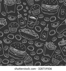 Vector seamless pattern. Hand drawn fast food doodle. Black and white illustration. Hot dog, burger, fries, soda, coffee and dessert for menu and web design.