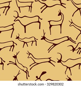 Vector seamless pattern with hand drawn animals made in cave drawings style. Beautiful animalistic design elements. 