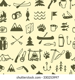 Vector seamless pattern with hand drawn camping design elements.