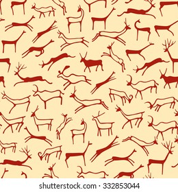 Vector seamless pattern with hand drawn animals made in cave drawings style. Beautiful animalistic design elements. 