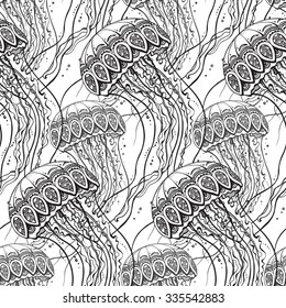 Vector seamless pattern with Hand drawn jellyfish  in black and white doodle style. Pattern for coloring book