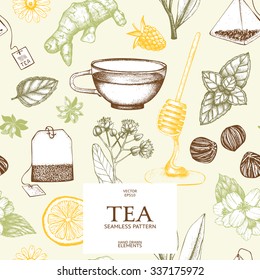Vector seamless pattern with  hand drawn tea illustration. Decorative inking background with vintage tea sketch. 