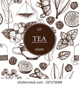 Vector seamless pattern with  hand drawn tea illustration. Decorative inking background with vintage tea sketch. 