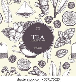 Vector seamless pattern with  hand drawn tea illustration. Decorative inking background with vintage tea sketch. 