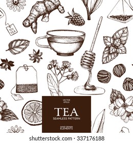 Vector seamless pattern with  hand drawn tea illustration. Decorative inking background with vintage tea sketch. 