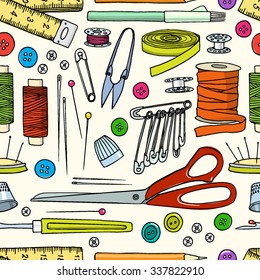 Vector seamless pattern with hand drawn sewing tools. Beautiful design elements, perfect for prints and patterns.