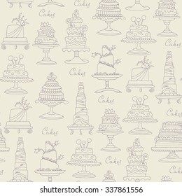 Vector seamless pattern with hand drawn isolated cakes on beige color. Pattern on the theme of bakery and confectionery. Background for use in design, packing, textile, fabric