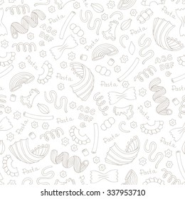 Vector seamless pattern with hand drawn Italian pasta on whie color. Background for use in design, packing, textile, fabric