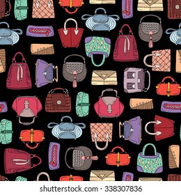 Vector seamless pattern with hand drawn isolated handbags for women on black color. Pattern on the theme of fashion. Background for use in design, packing, textile, fabric