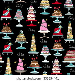 Vector seamless pattern with hand drawn isolated cakes on black color. Pattern on the theme of bakery and confectionery. Background for use in design, packing, textile, fabric