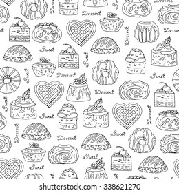 Vector seamless pattern with hand drawn isolated cakes on white color. Pattern on the theme of sweet desserts. Background for use in design, packing, textile, fabric