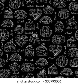 Vector seamless pattern with hand drawn isolated cakes on black color. Pattern on the theme of sweet desserts. Background for use in design, packing, textile, fabric