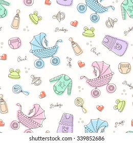 Vector seamless pattern with hand drawn symbols of newborn baby. Pattern with symbols of little boys and girls. Background for use in design, packing, textile, fabric