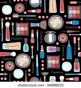 Vector seamless pattern with hand drawn decorative cosmetics for women on black color. Pattern on the theme of beauty and fashion. Background for use in design, packing, textile, fabric