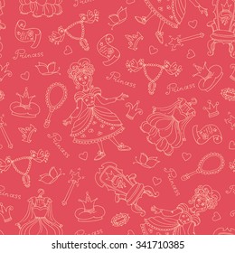 Vector seamless pattern with hand drawn symbols of princess on pink color. Background for use in design, packing, textile, fabric