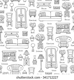 Vector seamless pattern with hand drawn furniture and decoration on white color. Pattern on the theme of interior. Background for use in design, packing, textile, fabric