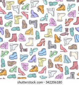 Vector seamless pattern with hand drawn isolated shoes. Pattern on the theme of beauty and fashion. Background for use in design, packing, textile, fabric