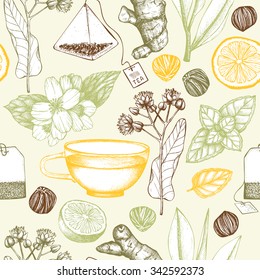 Vector seamless pattern with hand drawn tea illustration. Decorative inking background with vintage tea sketch.