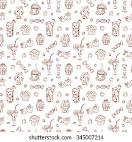 Vector Seamless Pattern of Hand Drawn doodle Desserts: Cakes, beverages and candy