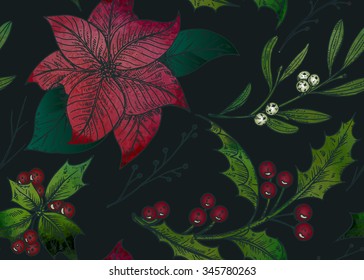 Vector seamless pattern with hand drawn winter plants - poinsettia, mistletoe, holly with watercolor texture. Christmas and New Year sketch background. Can be used for   textile, paper, scrapbook.