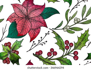 Vector seamless pattern with hand drawn winter plants - poinsettia, mistletoe, holly with watercolor texture. Christmas and New Year sketch background. Can be used for textile, paper, scrapbook