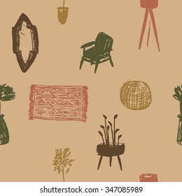Vector seamless pattern with hand drawn furniture elements