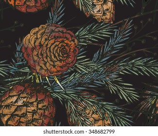 Vector seamless pattern with hand drawn winter plants - fir branches, fir-cone; pine cone.Christmas and New Year sketch background. Can be used for  textile, paper, scrapbook
