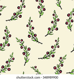 Vector seamless pattern with hand drawn branches with leaves and berries made with stamp effect. Romantic floral design.