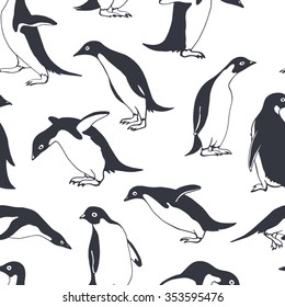 Vector seamless pattern with hand drawn penguins. Cute penguin characters, beautiful design elements, perfect for prints and patterns.