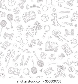 Vector seamless pattern with hand drawn isolated toys for children on white color. Background for use in design, packing, textile, fabric