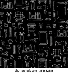 Vector seamless pattern with hand drawn symbols of hair salon on black color. Pattern on the theme of beauty and fashion. Background for use in design, packing, textile, fabric