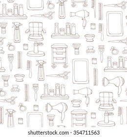 Vector seamless pattern with hand drawn symbols of hair salon on white color. Pattern on the theme of beauty and fashion. Background for use in design, packing, textile, fabric