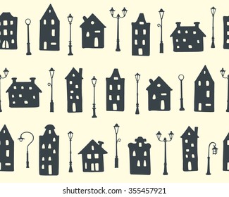 Vector seamless pattern with hand drawn houses and city lamps. Cute simple geometrical cityscape. Beautiful design elements, perfect for prints and patterns.