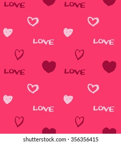 Vector seamless pattern with hand drawn heart symbols and the word LOVE. Dark pink and white on pink background.