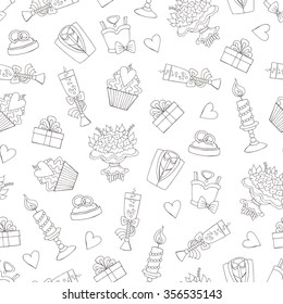 Vector seamless pattern with hand drawn isolated symbols of wedding on white color. Pattern on the theme of love. Background for use in design, packing, textile, fabric