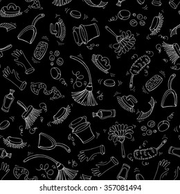 Vector seamless pattern with hand drawn symbols of cleaning service on black color. Pattern on the theme of cleanliness. Background for use in design, packing, textile, fabric