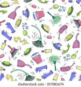 Vector seamless pattern with hand drawn and colored symbols of cleaning service. Pattern on the theme of cleanliness. Background for use in design, packing, textile, fabric