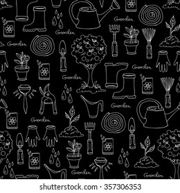 Vector seamless pattern with hand drawn isolated symbols of spring and garden. Pattern with garden tools on black color. Background for use in design, packing, textile, fabric