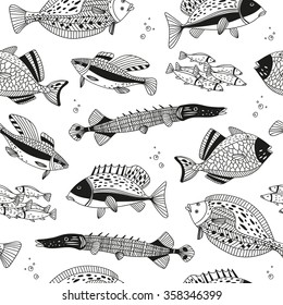 vector seamless pattern with hand drawn fish
