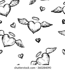 Vector seamless pattern with hand drawn vintage hearts. Sketched creative template for Valentine's Day designs.