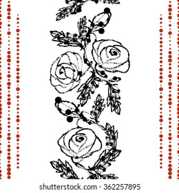 Vector seamless pattern with hand drawn blooming roses, buds, leaves, dots and splashes. Imitation of blots and splattered ink. Black lines on white background with red dots arranged in columns