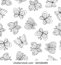 Vector seamless pattern with hand drawn isolated butterflies on white color. Background for use in design, packing, textile, fabrics