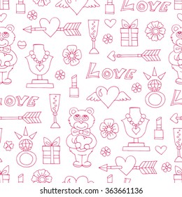 Vector seamless pattern with hand drawn symbols of love on white color. Pattern on the theme of Valentine's Day. Background for use in design, packing, textile, fabrics