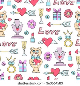 Vector seamless pattern with hand drawn colored symbols of love. Pattern on the theme of Valentine's Day. Background for use in design, packing, textile, fabrics