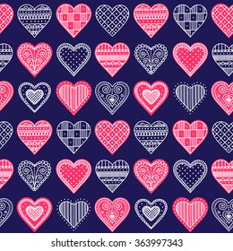 Vector seamless pattern with hand drawn doodle hearts. For Valentines day design. Red, navy and white colors.