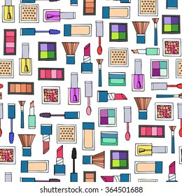 Vector seamless pattern with hand drawn decorative cosmetics. Pattern on the theme of fashion and make up. Background for use in design, packing, textile, fabrics