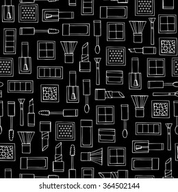 Vector seamless pattern with hand drawn decorative cosmetics on black color. Pattern on the theme of fashion and make up. Background for use in design, packing, textile, fabrics