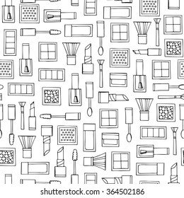 Vector seamless pattern with hand drawn decorative cosmetics on white color. Pattern on the theme of fashion and make up. Background for use in design, packing, textile, fabrics