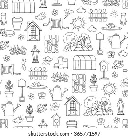 Vector seamless pattern with hand drawn isolated symbols of spring and garden on white color. Background for use in design, packing, textile, fabric